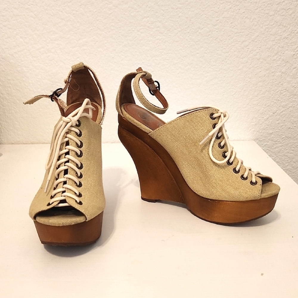 Jeffrey Campbell Cream and Brown Wedges with Lace-Up Design